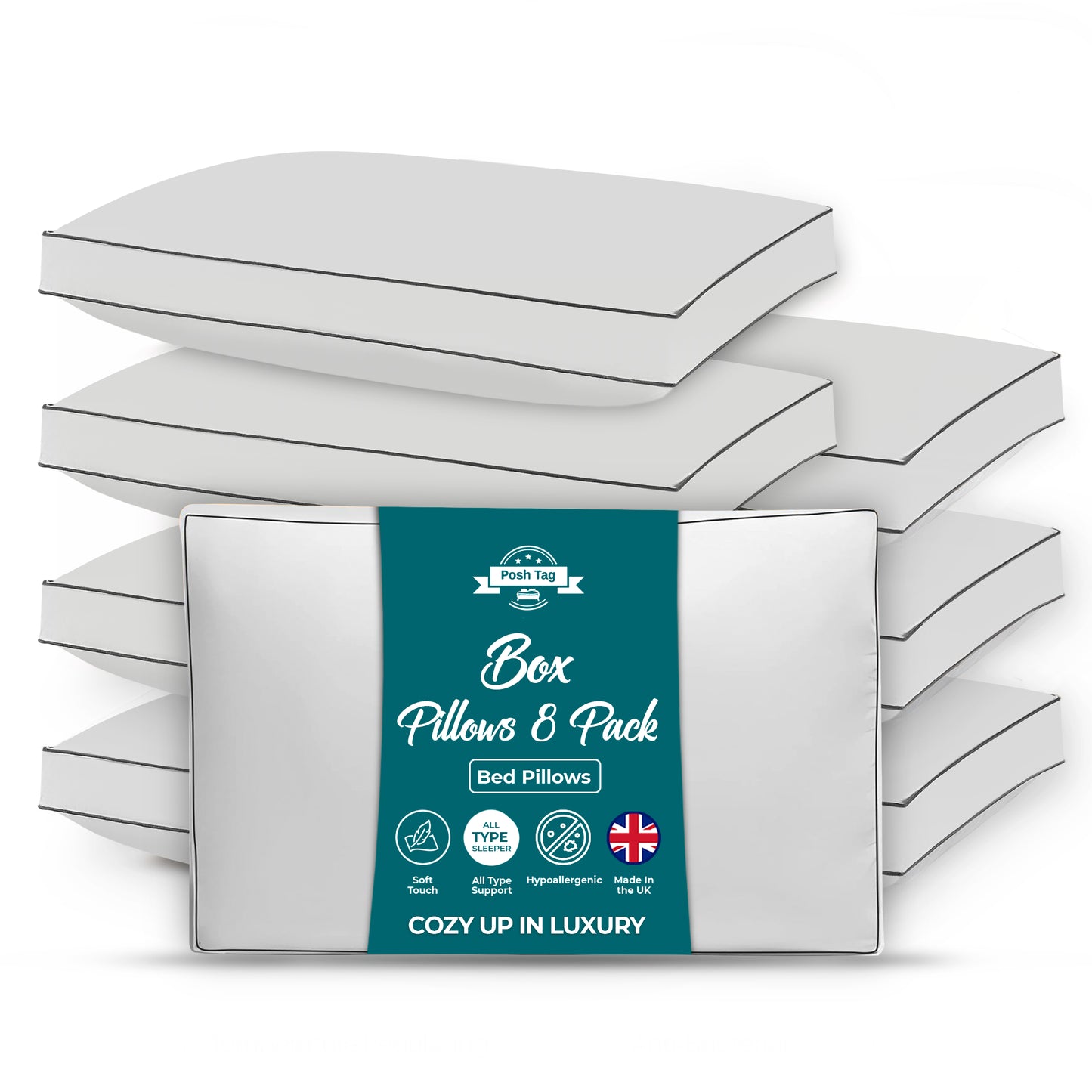 Posh Tag Box Pillows 74 x 48cm — 8cm Box Edge, Hotel Quality, Hypoallergenic Hollowfibre, Made in UK