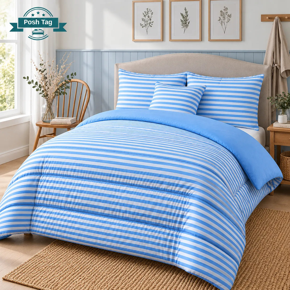 Posh Tag coverless duvet 10.5 tog with reversible stripe microfibre outer, used without a duvet cover