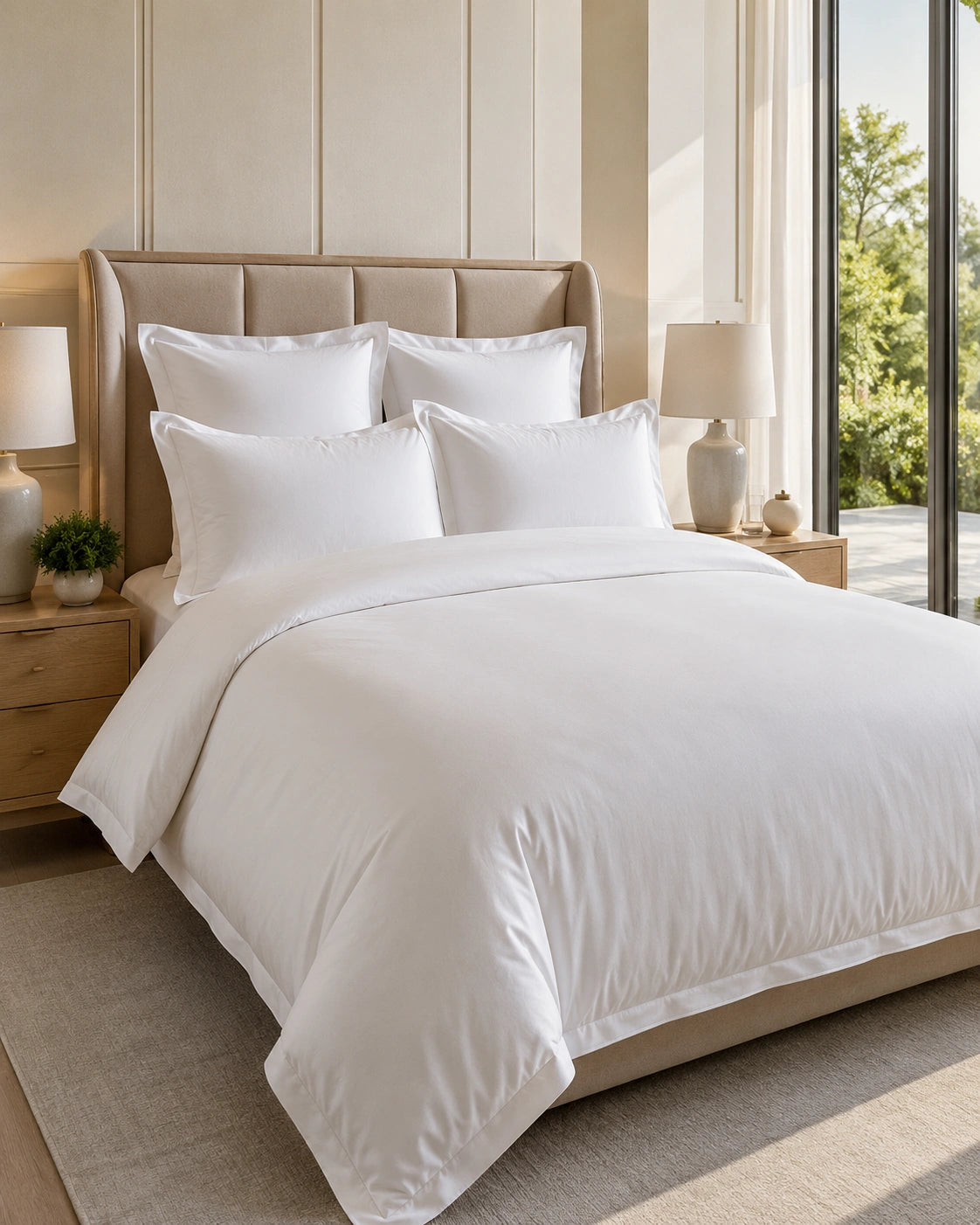 Perfectly made king-size bed with premium white hotel-quality bedding in a luxury five-star hotel bedroom