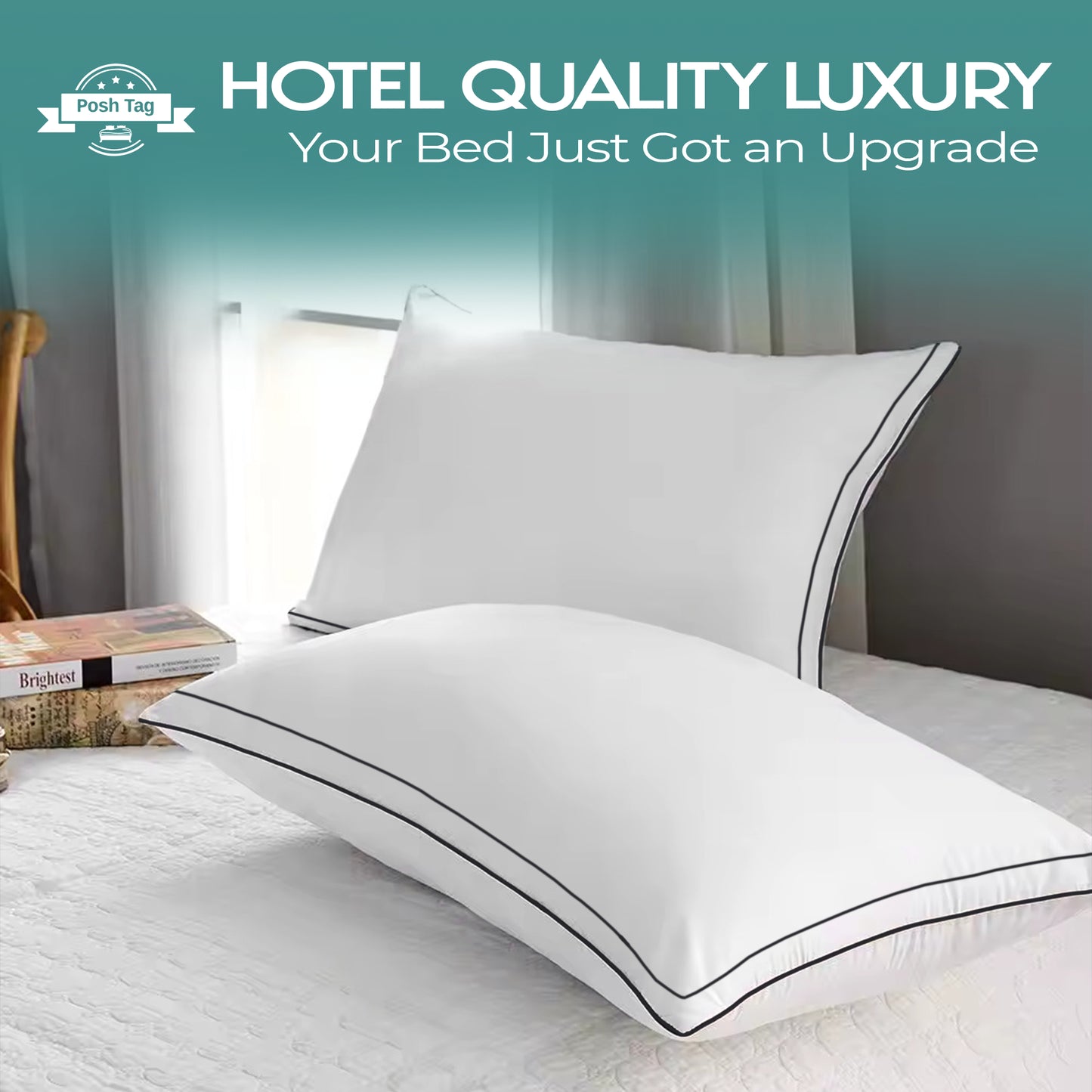 Posh Tag Box Pillows 74 x 48cm — 8cm Box Edge, Hotel Quality, Hypoallergenic Hollowfibre, Made in UK