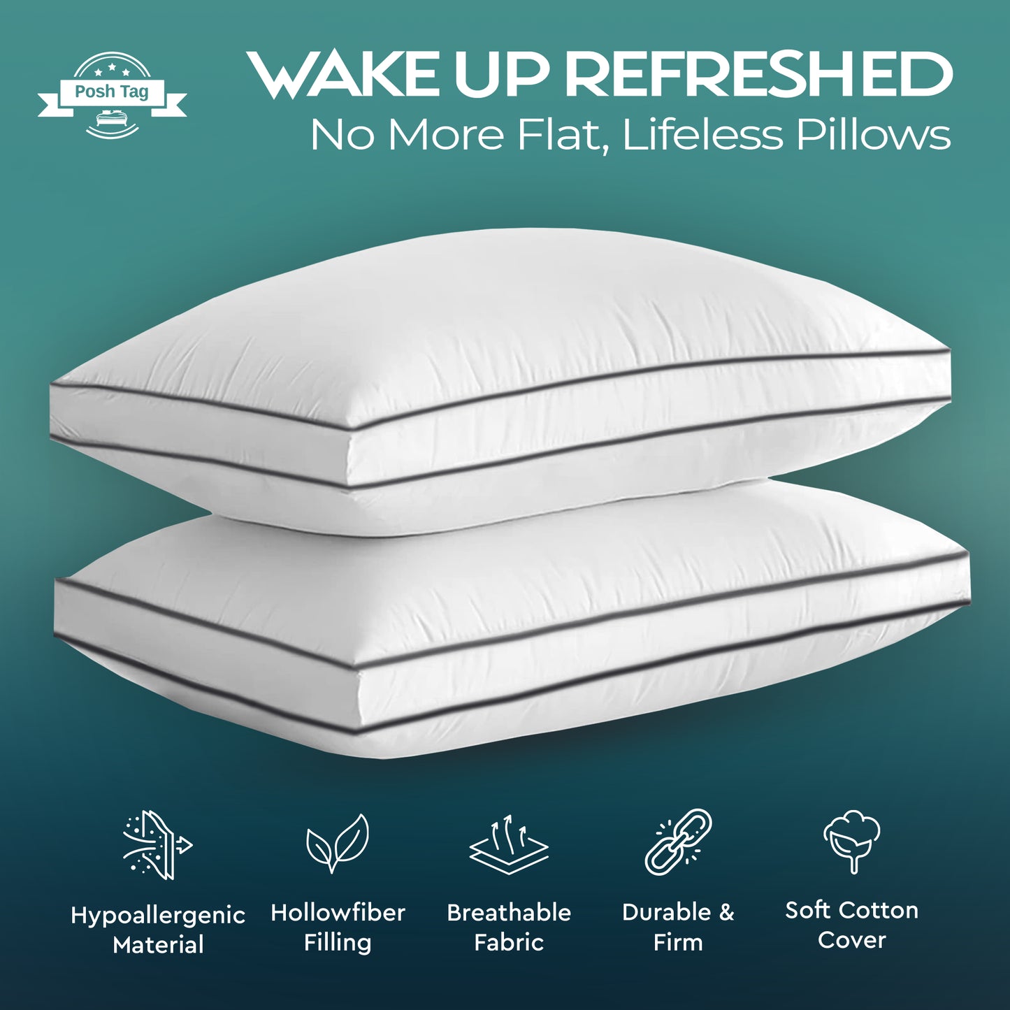 Posh Tag Box Pillows 74 x 48cm — 8cm Box Edge, Hotel Quality, Hypoallergenic Hollowfibre, Made in UK