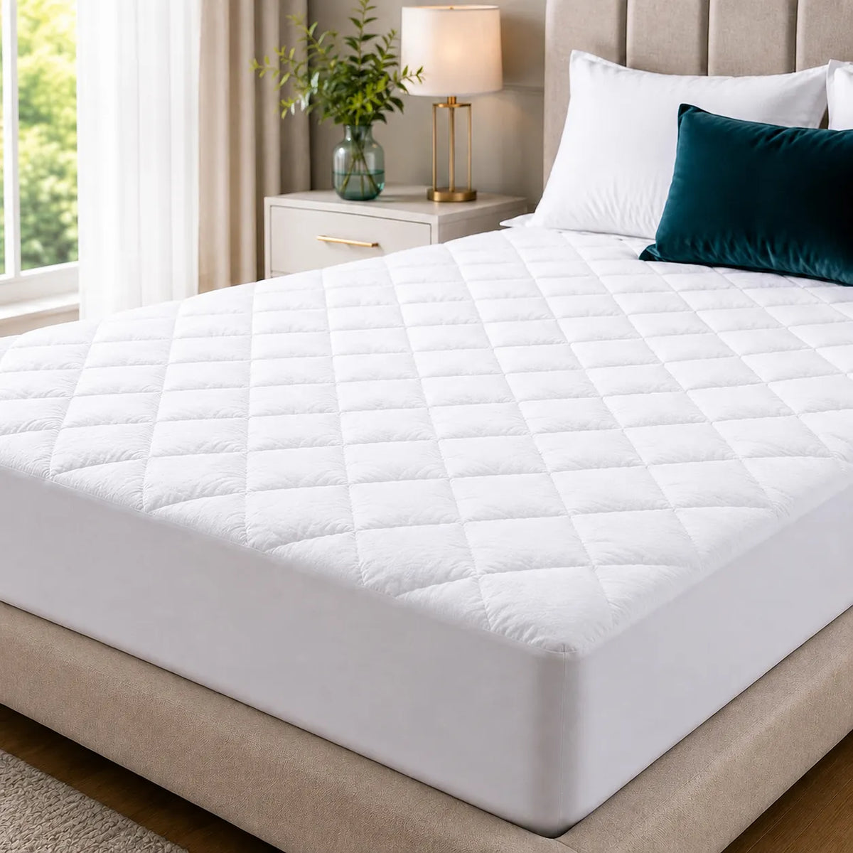 Quilted waterproof single mattress protector in white, 90 x 190cm, with a 30cm stretch elastic skirt