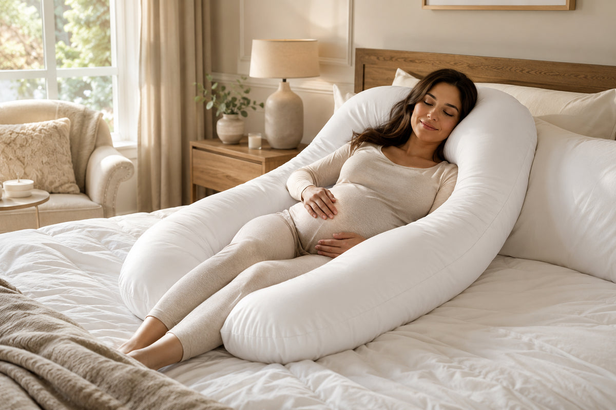 Full-body pregnancy support pillow on a bed