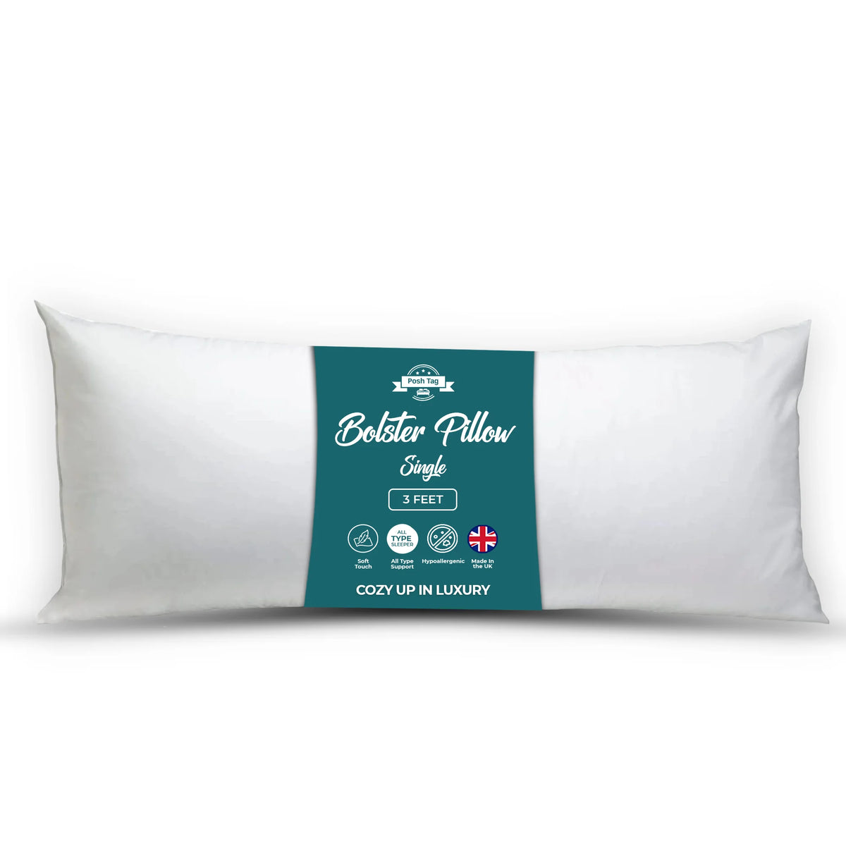 Posh Tag bolster pillow, single 3ft, hypoallergenic and made in the UK