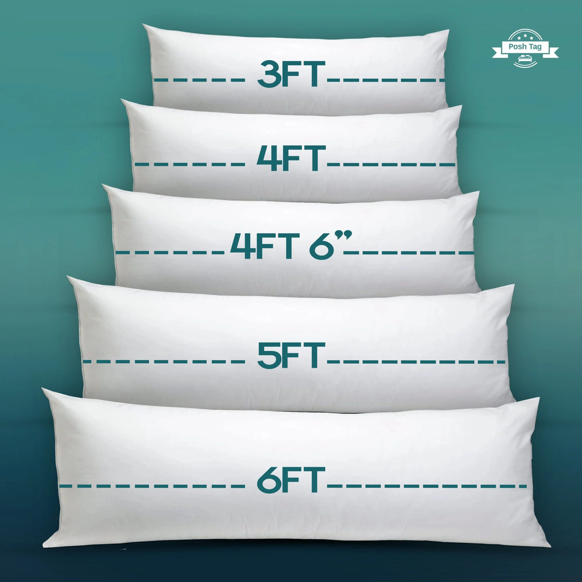 Bolster pillow size guide comparing 3ft, 4ft, 4ft 6in, 5ft and 6ft lengths