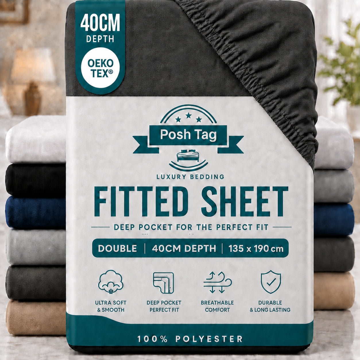 Double Fitted Sheet in Charcoal, 135 x 190cm, extra deep 40cm — Posh Tag
