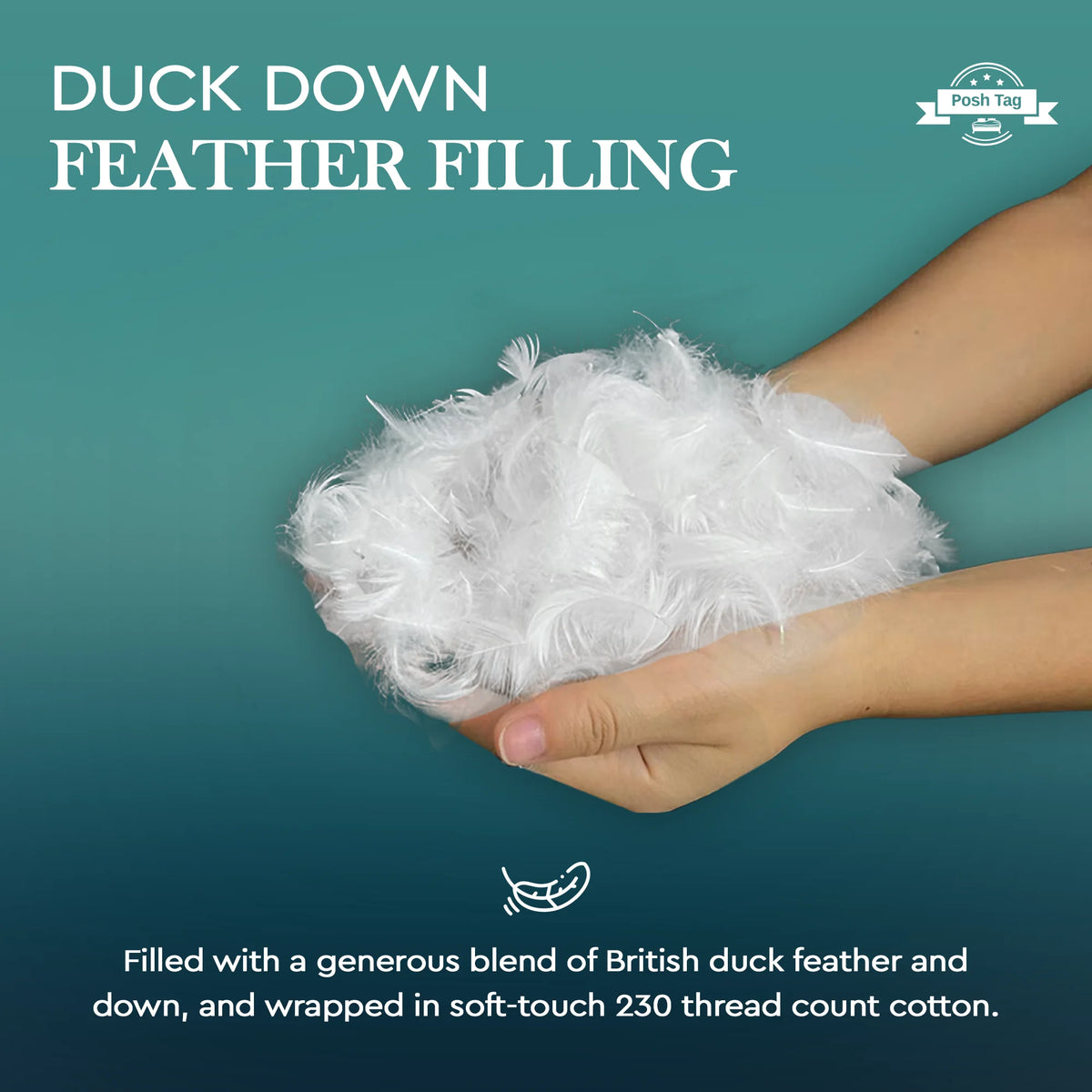 Cutaway showing the duck down and feather filling inside a Posh Tag duck down pillow