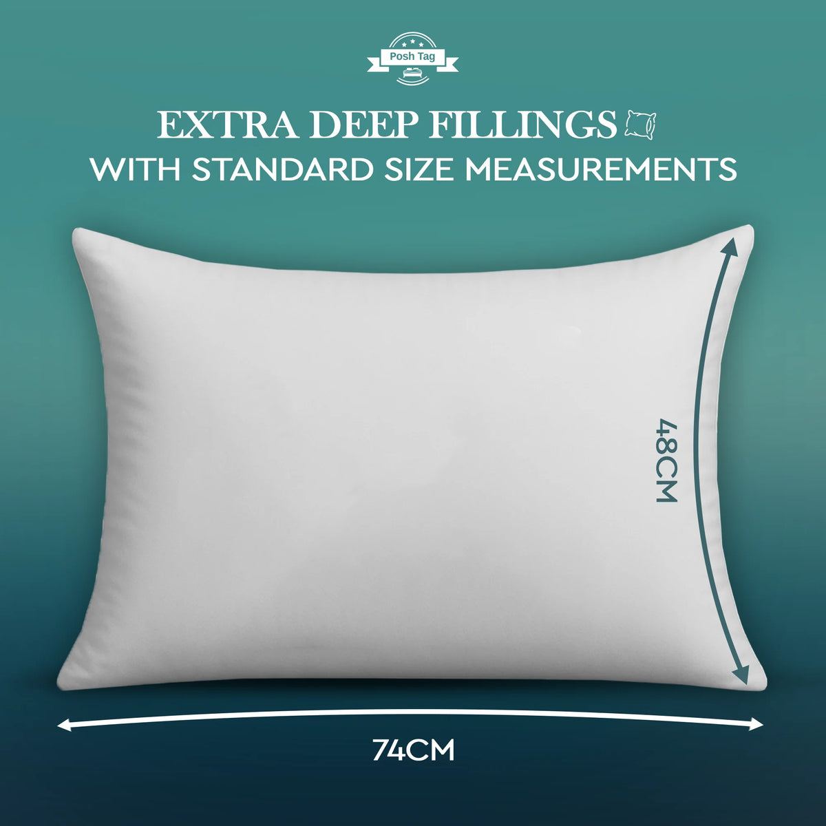 Duck feather pillow size guide showing standard UK dimensions of 74 x 48cm