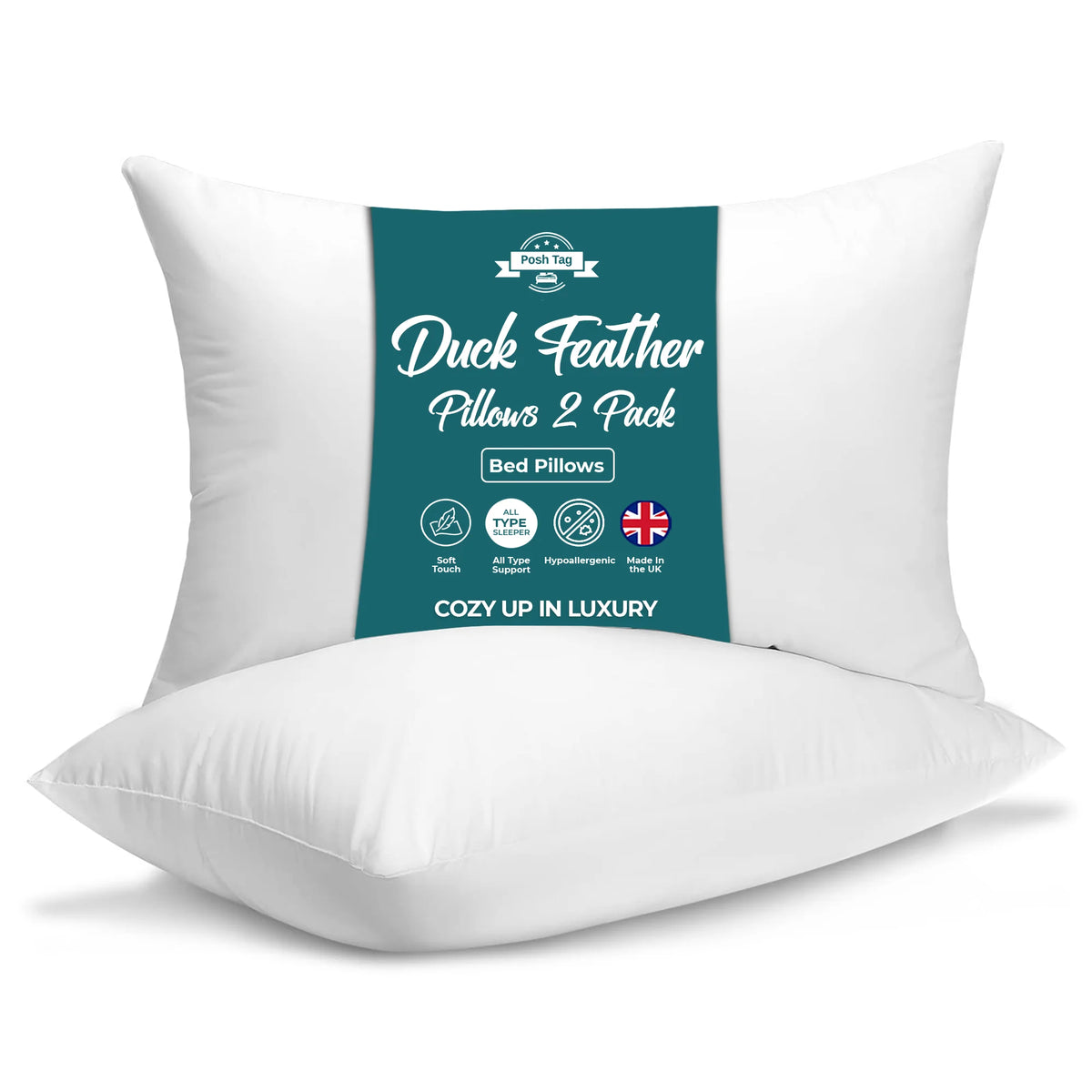 Pair of duck feather pillows, pack of 2, by Posh Tag