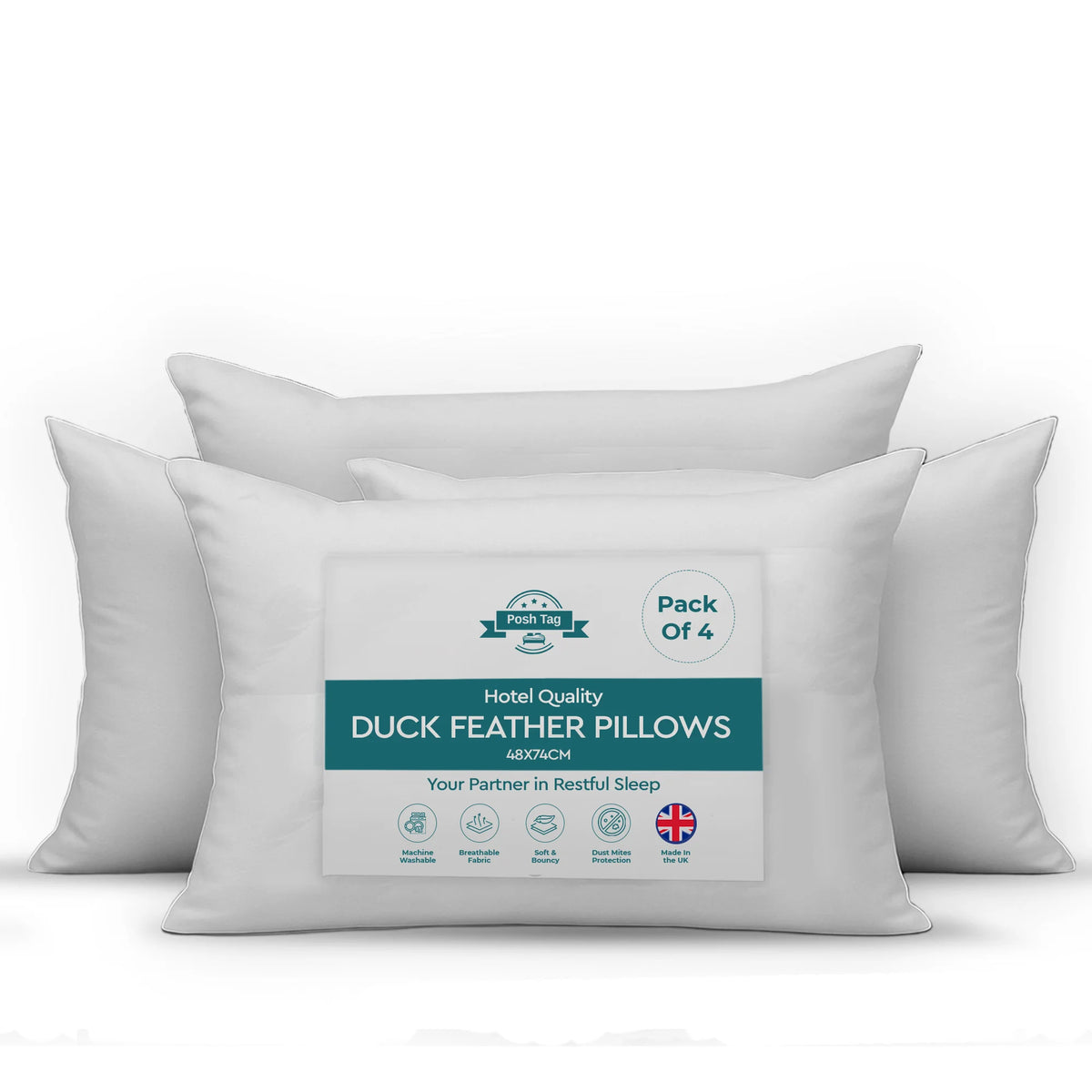 Pack of 4 hotel quality duck feather pillows for a guest bedroom
