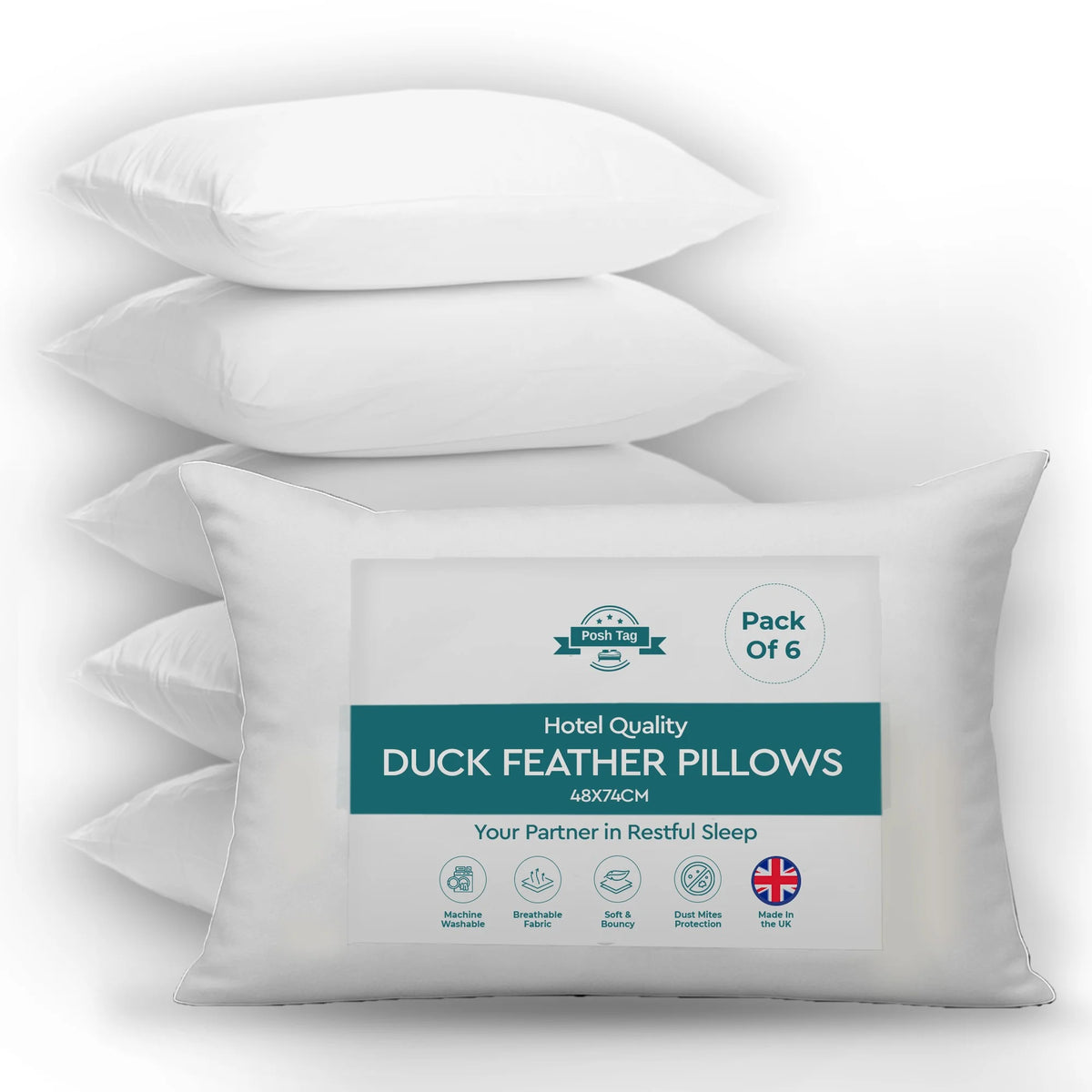 Pack of 6 hotel quality duck down pillows, 48 x 74cm, made in the UK