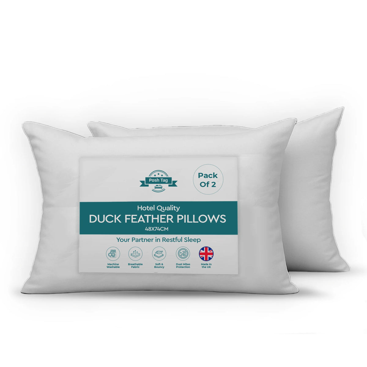 Pack of 2 hotel quality duck down pillows by Posh Tag