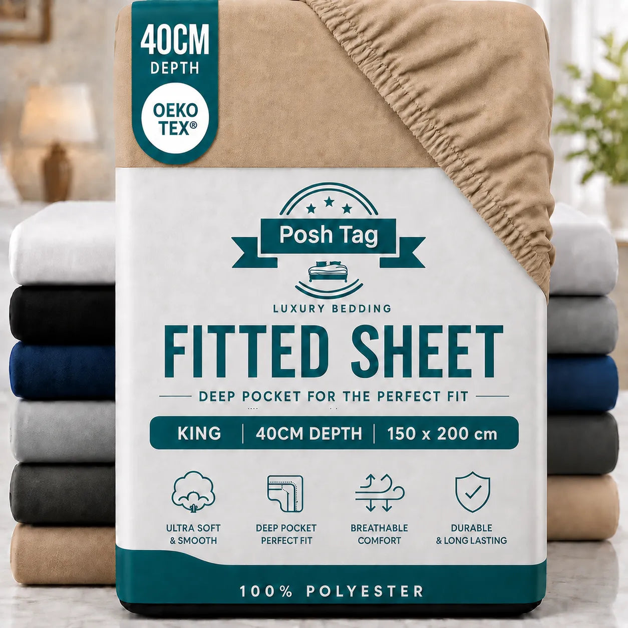 King Size Fitted Sheet in Beige, 150 x 200cm, extra deep 40cm — Posh Tag