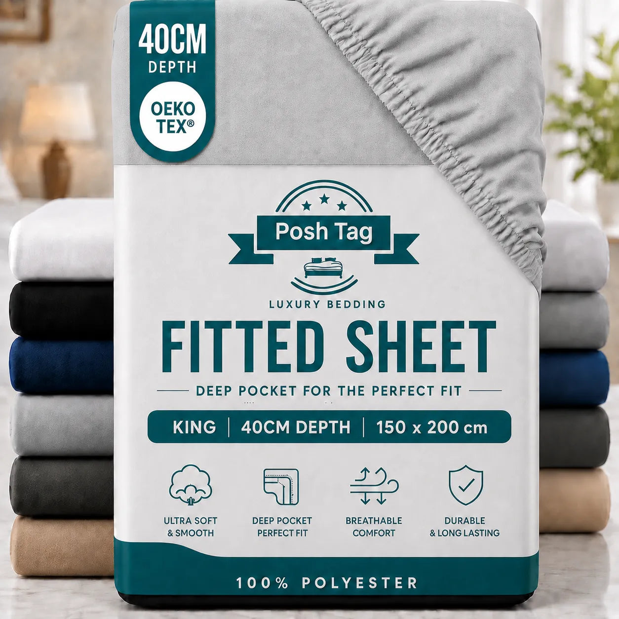 King Size Fitted Sheet in Light Grey, 150 x 200cm, extra deep 40cm — Posh Tag