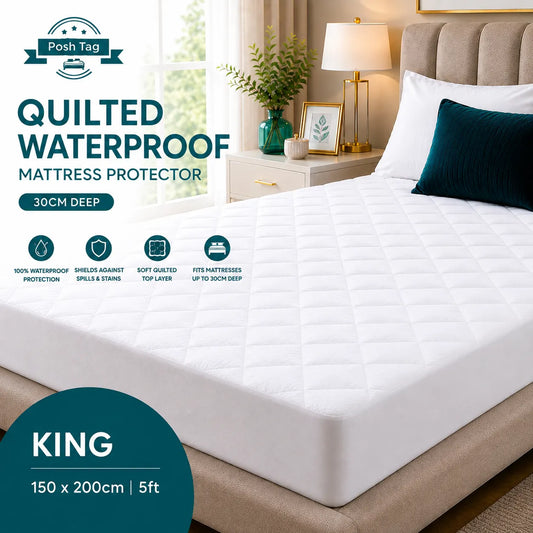Quilted waterproof king size mattress protector in white, 150 x 200cm, with a 30cm stretch elastic skirt