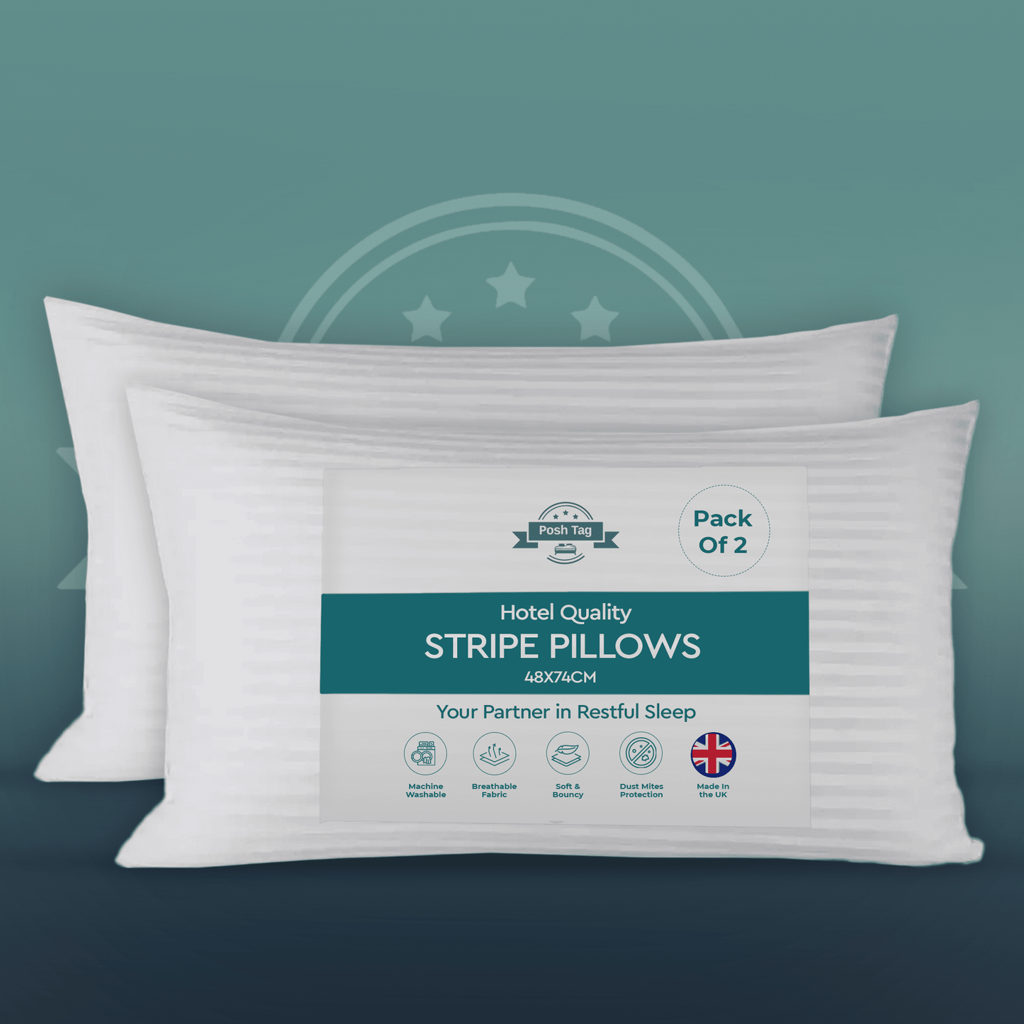 Pack of 2 Stripe Hotel Quality Bed Pillows – Original Down Alternative Pillows for Sleeping, Soft Support for Back, Stomach & Side Sleepers - Posh Tag
