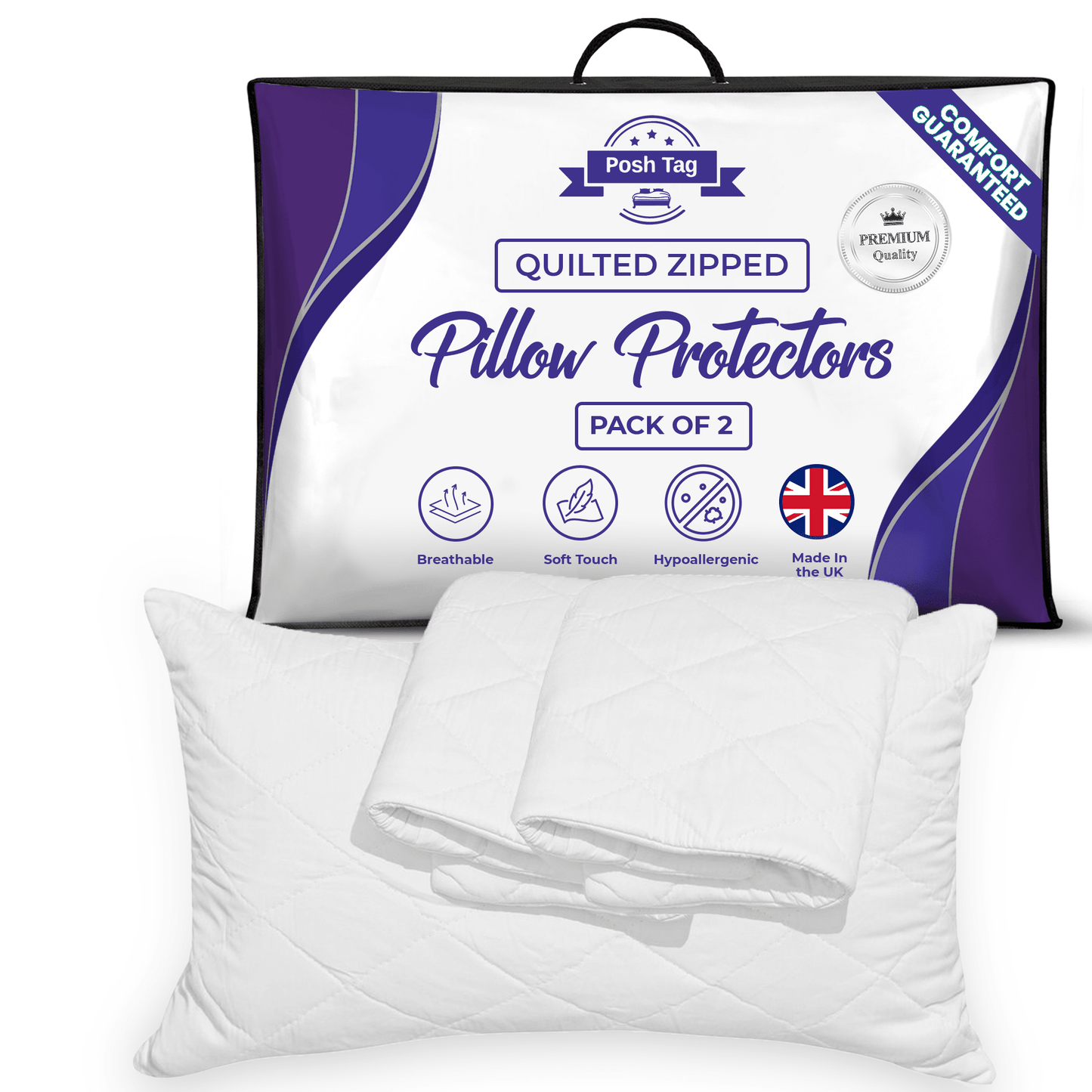 Posh Tag Pillow Cases, Quilted 50 x75 cm Zippered Pillow Protectors, Soft & Breathable Microfiber Quilted Pillow cases, Hypoallergenic - Posh Tag