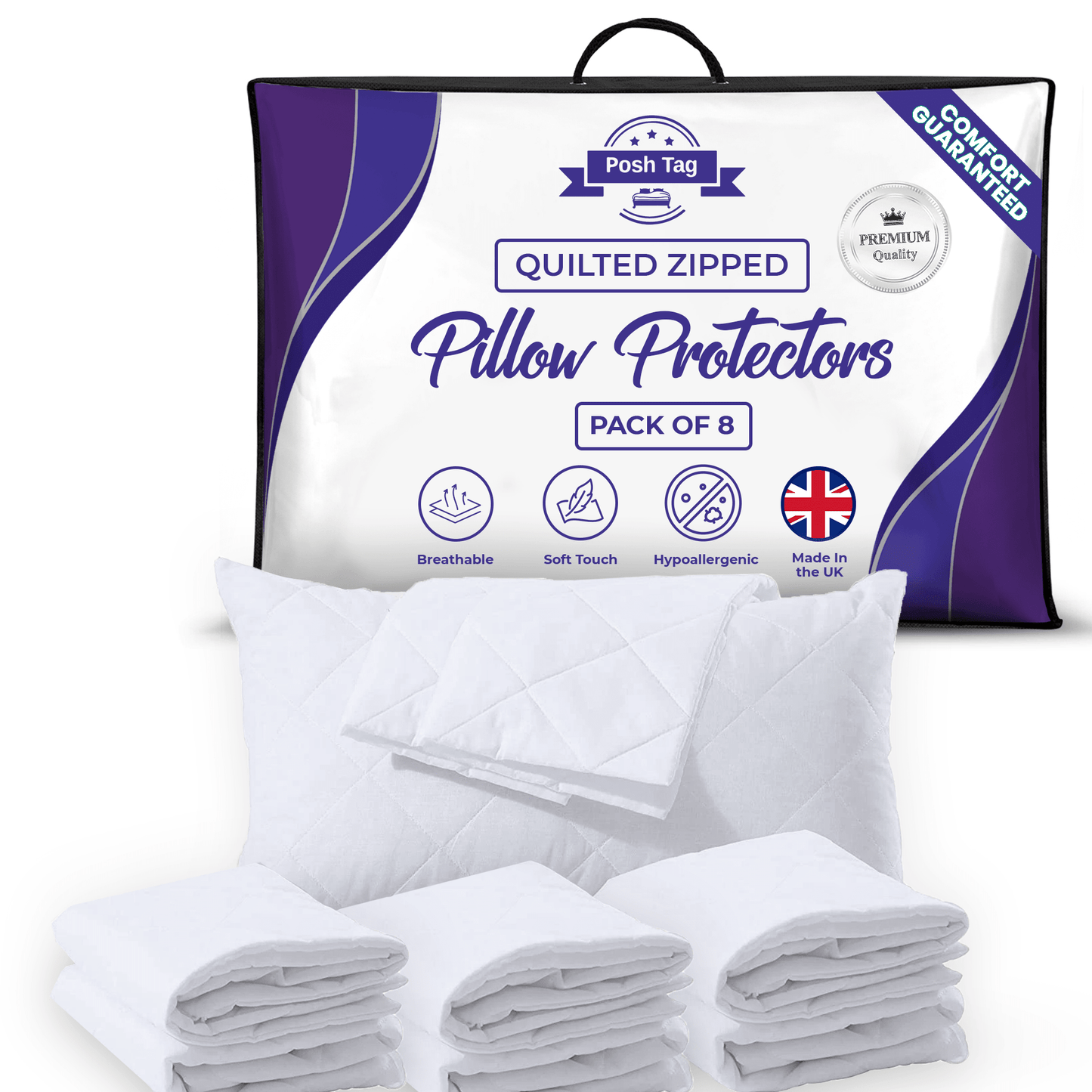 Posh Tag Pillow Cases, Quilted 50 x75 cm Zippered Pillow Protectors, Soft & Breathable Microfiber Quilted Pillow cases, Hypoallergenic - Posh Tag