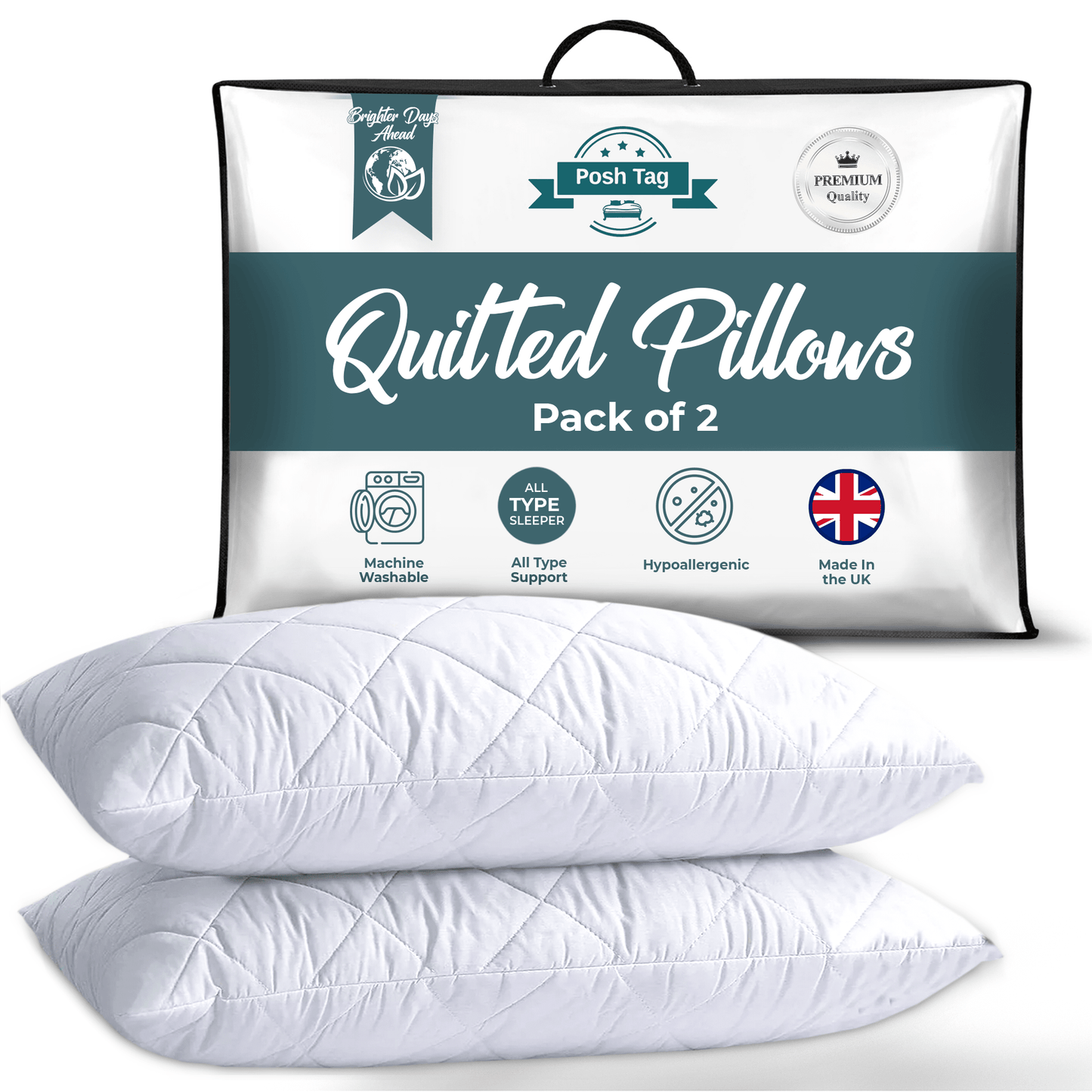 Posh Tag Quilted Pillows 48cm x 74cm Hotel Pillows Non Allergenic Soft Pillows For Sleeping, Hypoallergenic, Back and Down Support Alternative, Bed Pillows Hollow Fiber Filled Pillows - Posh Tag