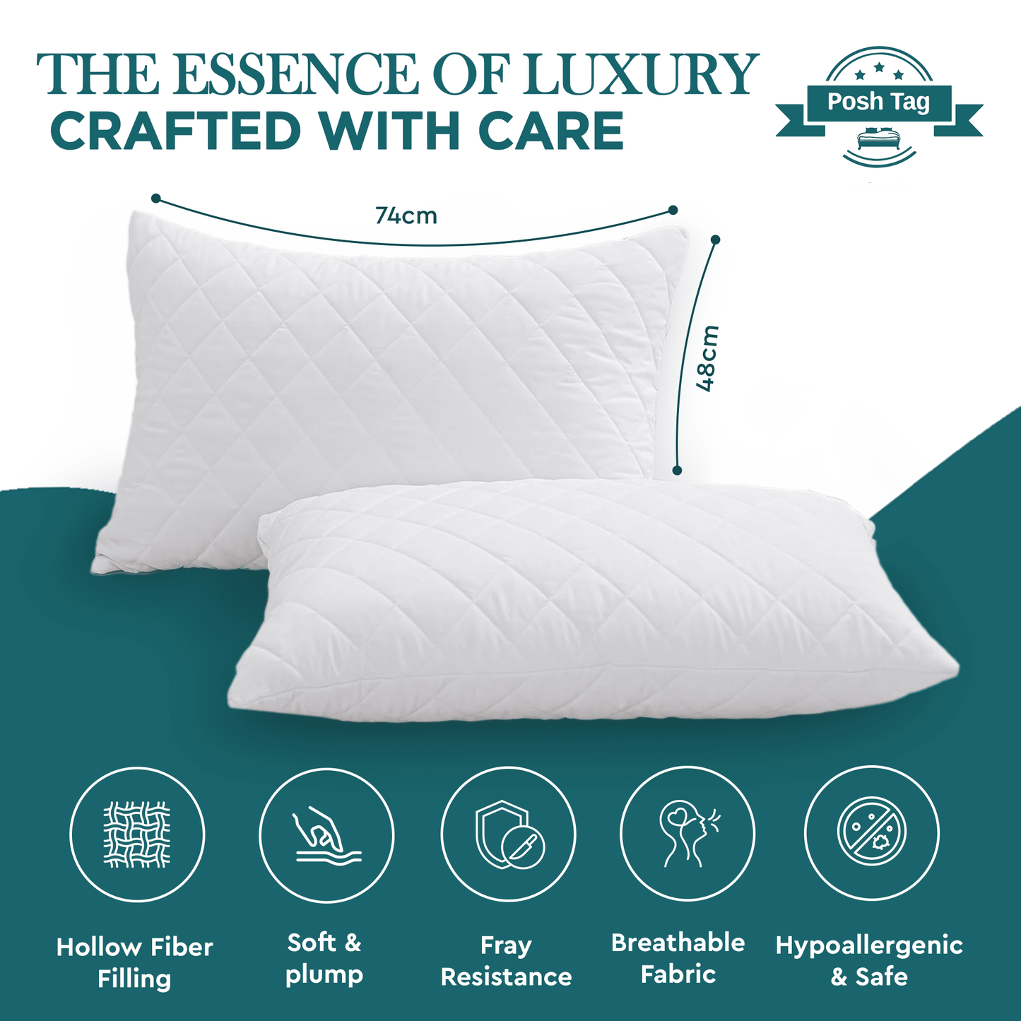 Posh Tag Quilted Pillows 48cm x 74cm Hotel Pillows Non Allergenic Soft Pillows For Sleeping, Hypoallergenic, Back and Down Support Alternative, Bed Pillows Hollow Fiber Filled Pillows - Posh Tag