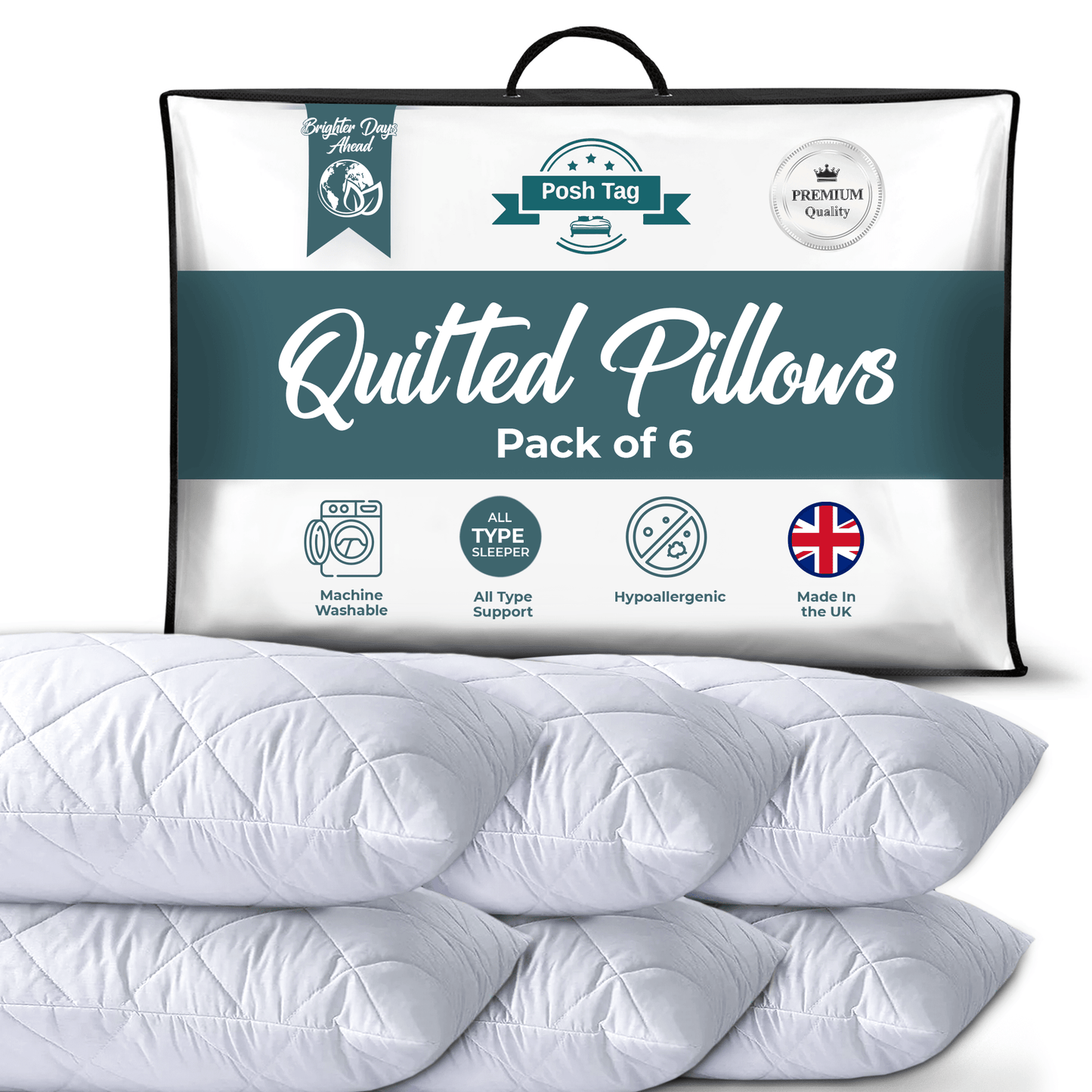 Posh Tag Quilted Pillows 48cm x 74cm Hotel Pillows Non Allergenic Soft Pillows For Sleeping, Hypoallergenic, Back and Down Support Alternative, Bed Pillows Hollow Fiber Filled Pillows - Posh Tag