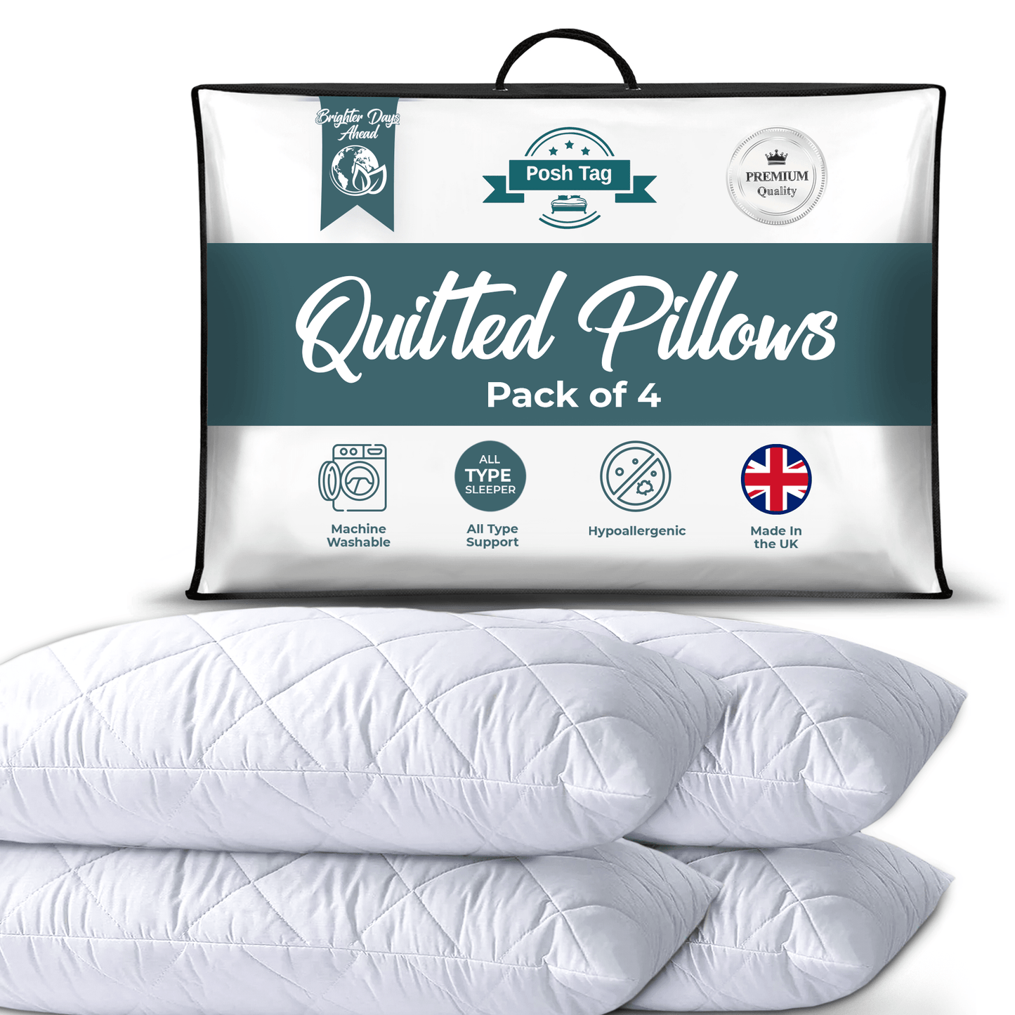 Posh Tag Quilted Pillows 48cm x 74cm Hotel Pillows Non Allergenic Soft Pillows For Sleeping, Hypoallergenic, Back and Down Support Alternative, Bed Pillows Hollow Fiber Filled Pillows - Posh Tag