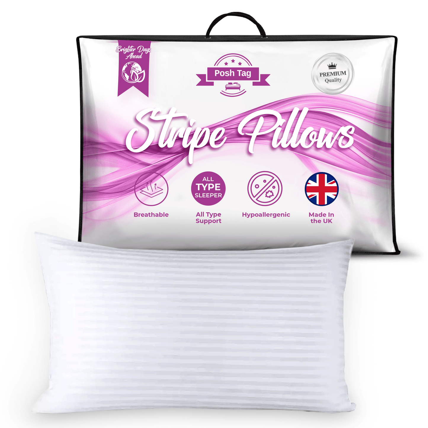Posh Tag Stripe Pillows 74cm x 48cm, Hotel Quality, Comfortable & Breathable Bed Pillows, Hollow Fiber Filled Anti-Allergic Back Support Hypoallergenic Pillow - Posh Tag