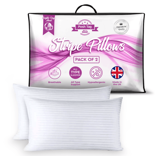 Posh Tag Stripe Pillows 74cm x 48cm, Hotel Quality, Comfortable & Breathable Bed Pillows, Hollow Fiber Filled Anti-Allergic Back Support Hypoallergenic Pillow - Posh Tag