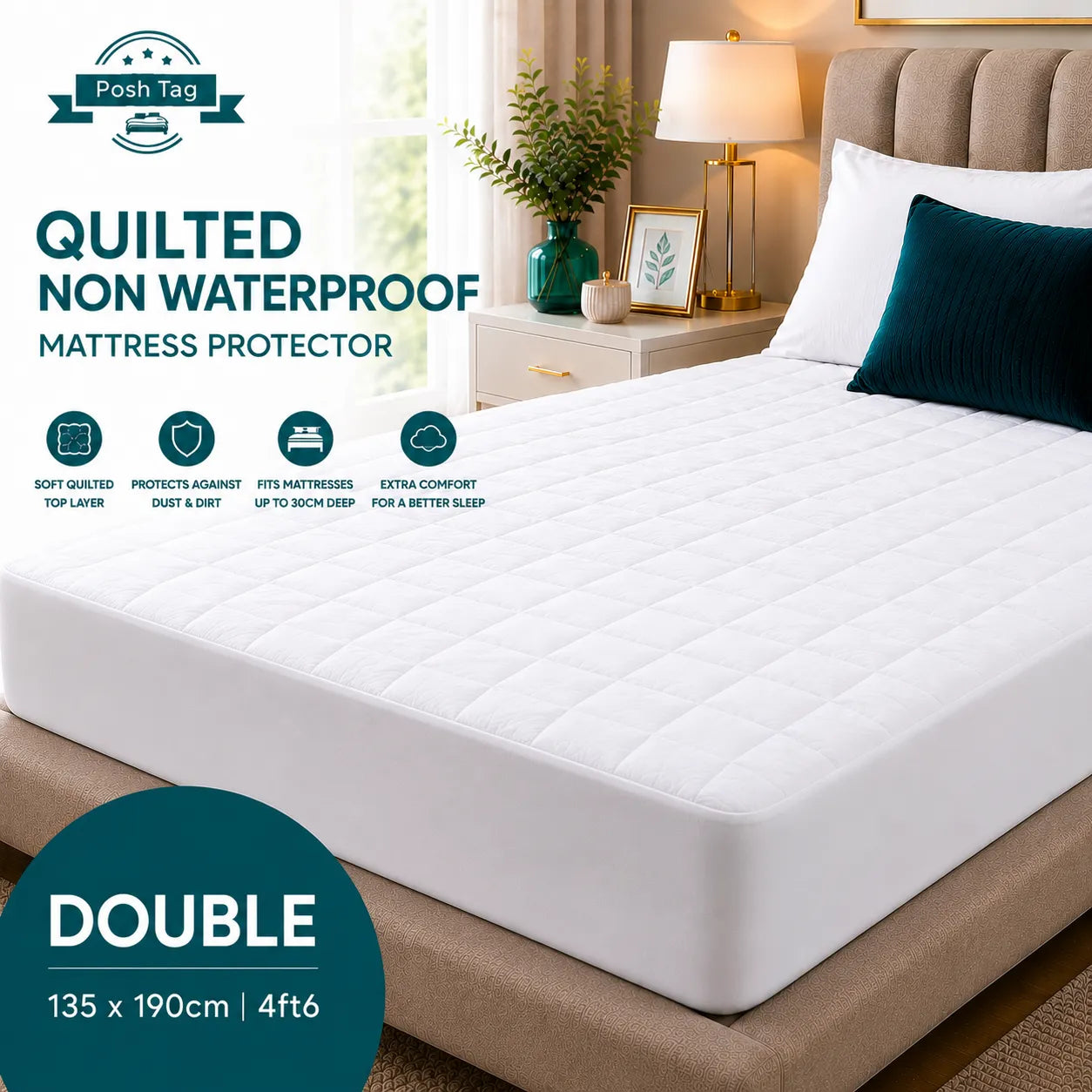 Diamond quilted double mattress protector in white, 135 x 190cm, 200 thread count microfibre with 30cm skirt