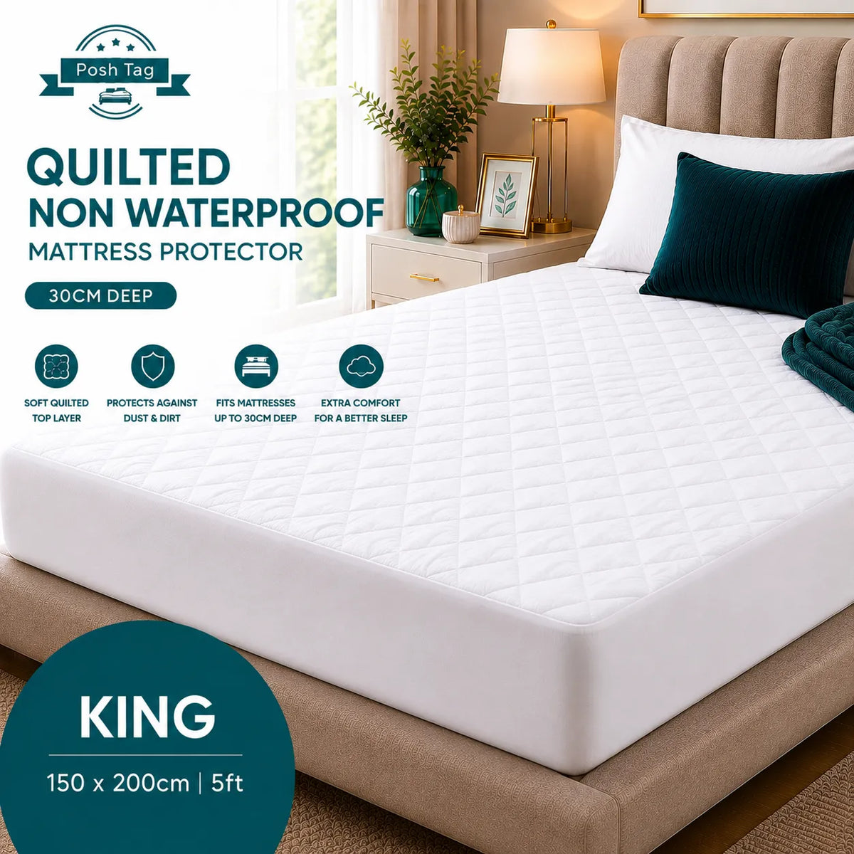 Diamond quilted king size mattress protector in white, 150 x 200cm, 200 thread count microfibre with 30cm skirt