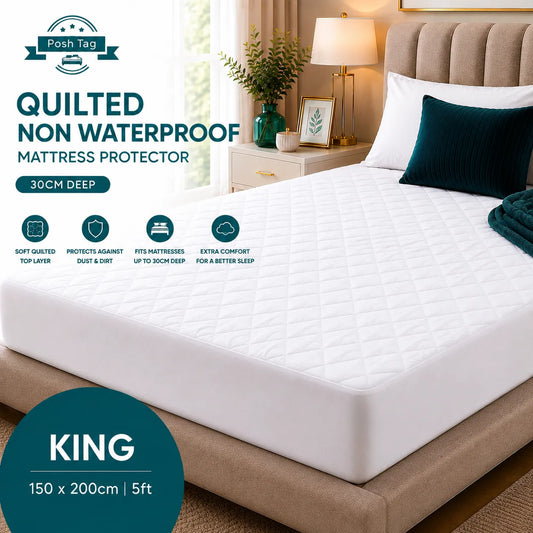 Diamond quilted king size mattress protector in white, 150 x 200cm, 200 thread count microfibre with 30cm skirt