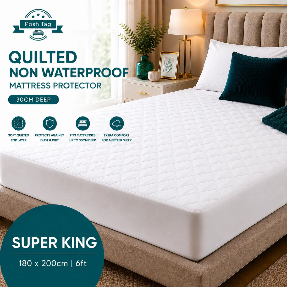 Diamond quilted super king mattress protector in white, 180 x 200cm, 200 thread count microfibre with 30cm skirt
