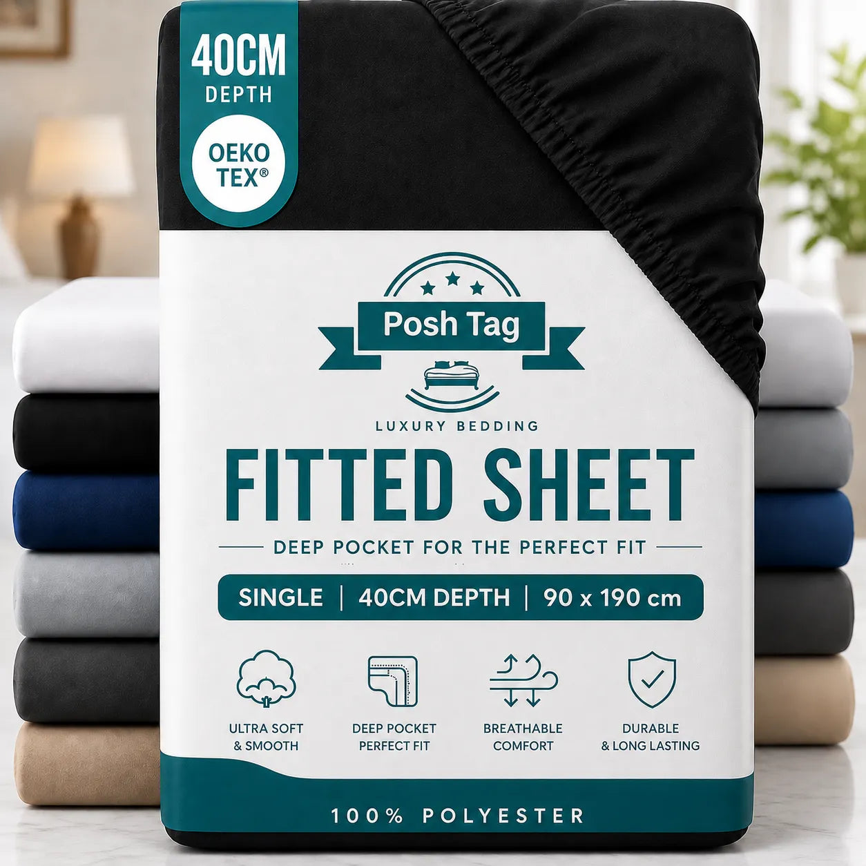 Single Fitted Sheet in Black, 90 x 190cm, extra deep 40cm — Posh Tag