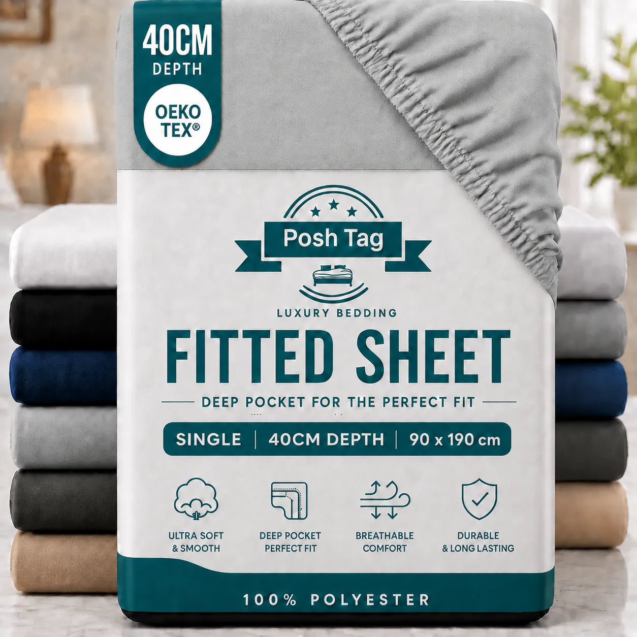 Single Fitted Sheet in Light Grey, 90 x 190cm, extra deep 40cm — Posh Tag