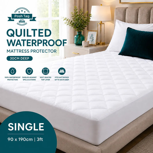 Quilted waterproof single mattress protector in white, 90 x 190cm, with a 30cm stretch elastic skirt