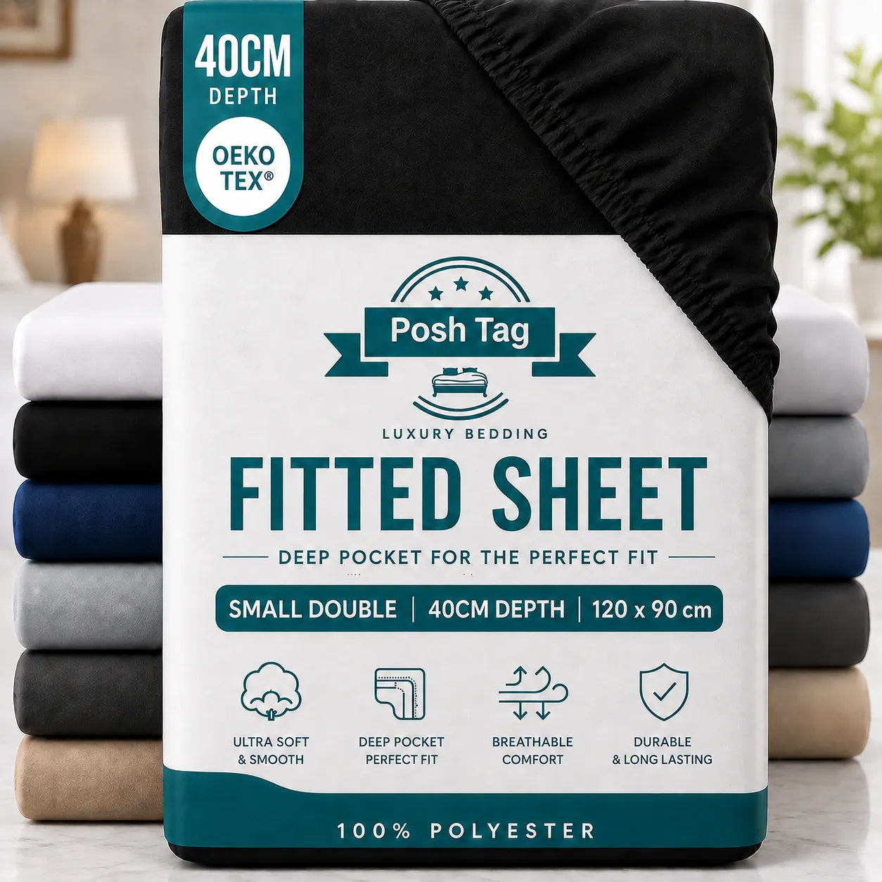 Small Double Fitted Sheet in Black, 120 x 190cm, extra deep 40cm — Posh Tag