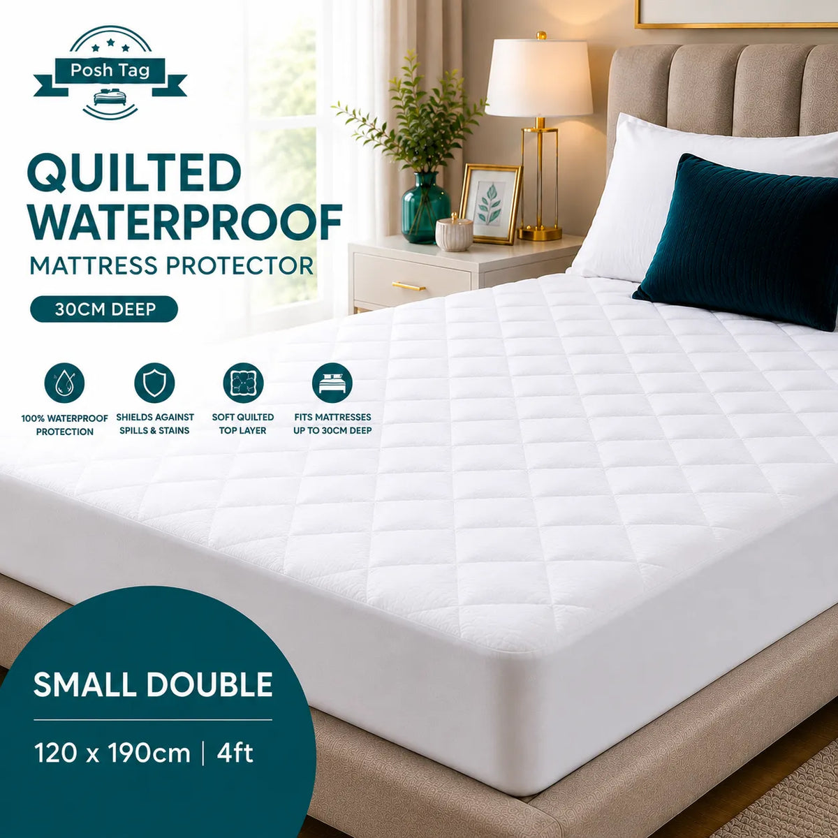 Quilted waterproof small double mattress protector in white, 120 x 190cm, with a 30cm stretch elastic skirt