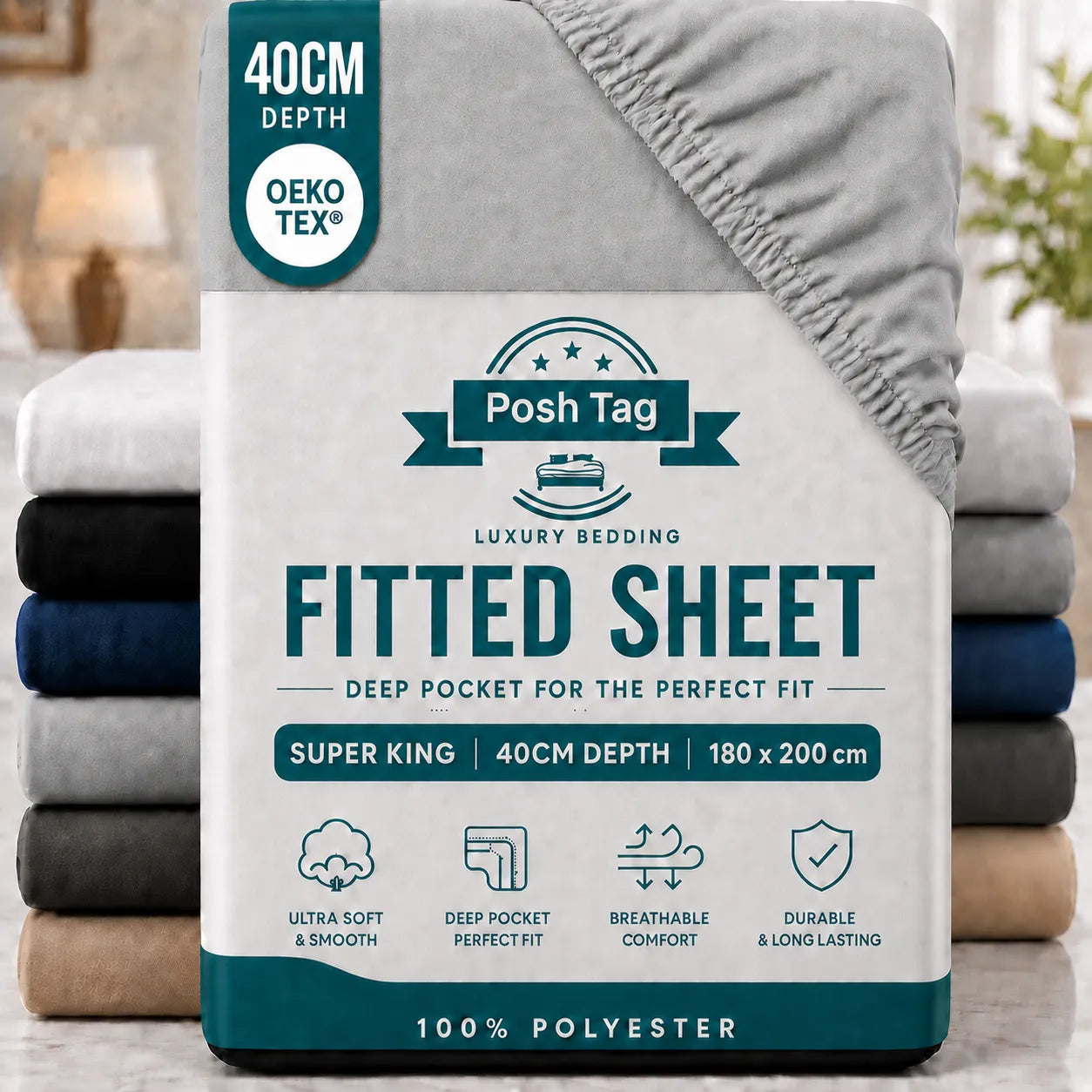 Super King Fitted Sheet in Light Grey, 180 x 200cm, extra deep 40cm — Posh Tag