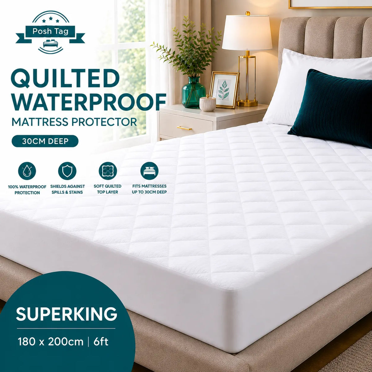 Quilted waterproof super king mattress protector in white, 180 x 200cm, with a 30cm stretch elastic skirt